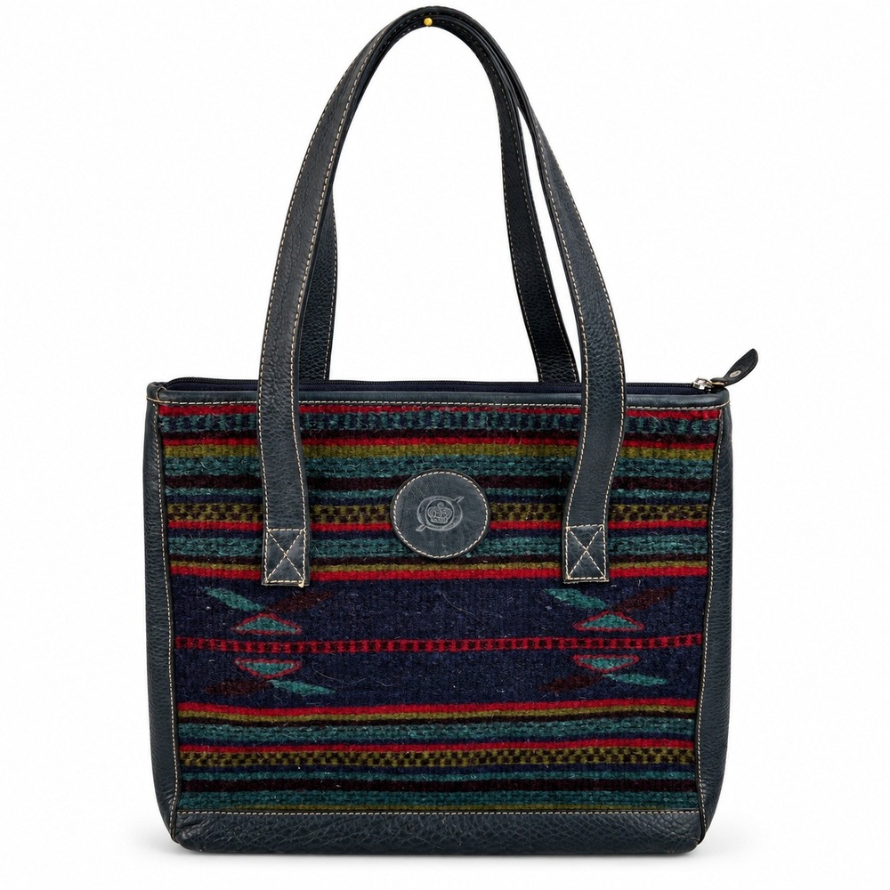 Born Large Tote Bag Leather Wool Southwestern Navy Multi Shoulder Bag MT211